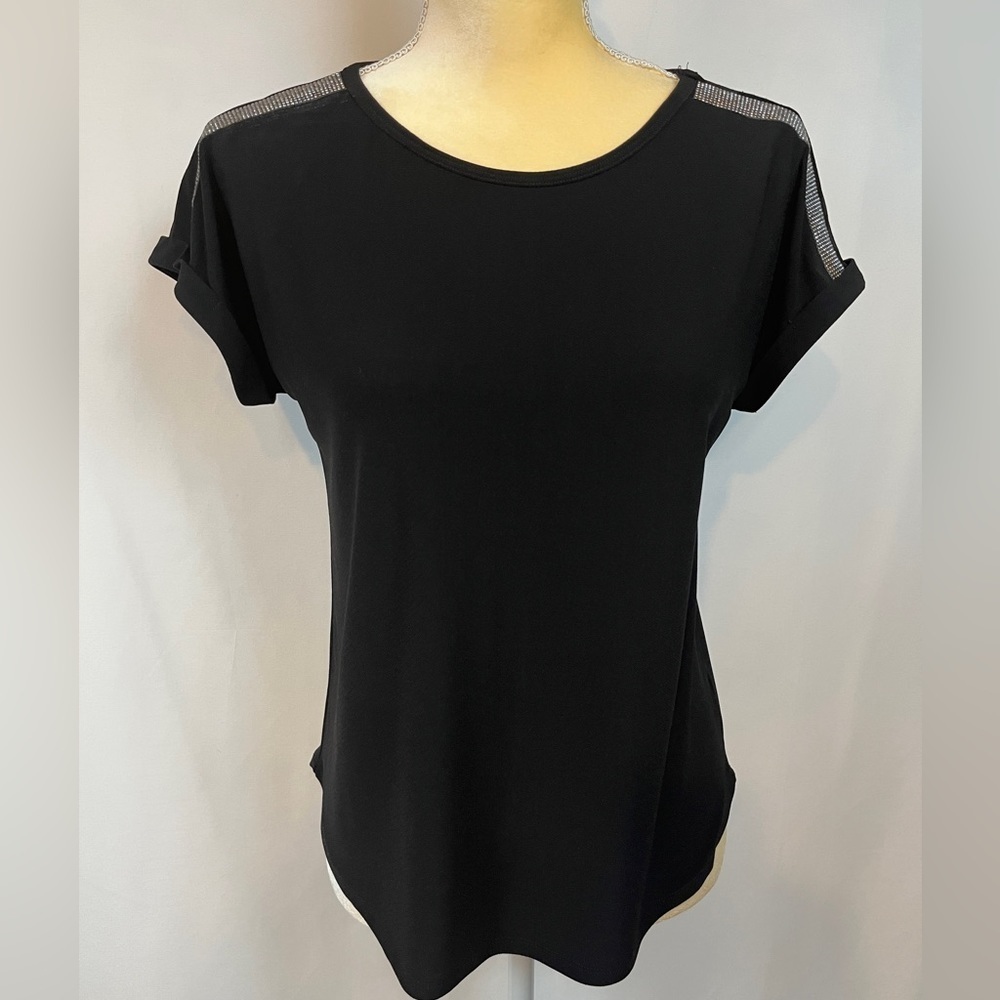 Black Short Sleeve Blouse with Silver Detail on Shoulders Size SP